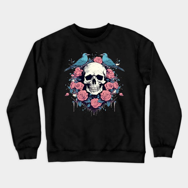 Skull with Roses and Birds Crewneck Sweatshirt by TOKEBI